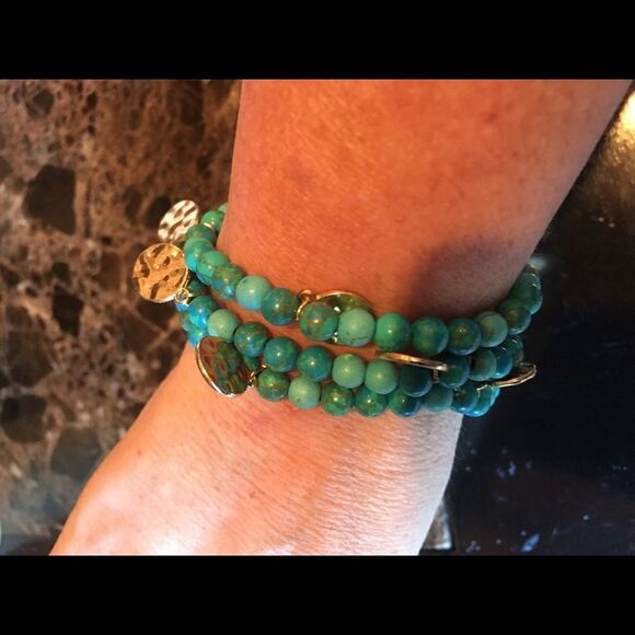 THREE STRAND Blue & Gold Coin Bracelet - Picture 2 of 4